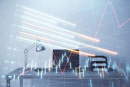 Stock market chart and desktop office computer background. Multi exposure. Concept of financial analysis.の写真素材