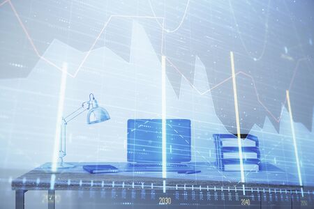 Stock market chart and desktop office computer background. Multi exposure. Concept of financial analysis.の写真素材
