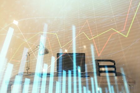 Stock market chart and desktop office computer background. Multi exposure. Concept of financial analysis.の写真素材