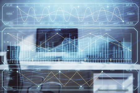 Stock market chart and desktop office computer background. Multi exposure. Concept of financial analysis.の写真素材