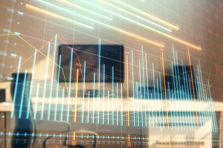 Stock market chart and desktop office computer background. Multi exposure. Concept of financial analysis.の写真素材