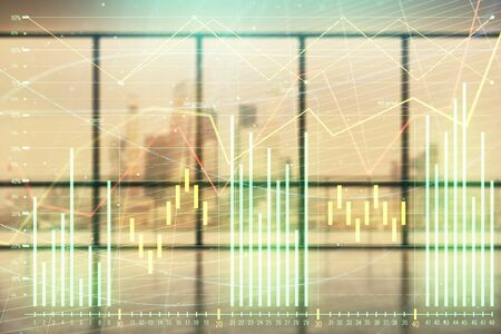 Double exposure of financial chart on empty room interior background. Forex market concept.の写真素材