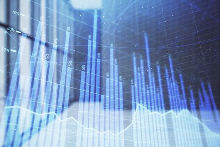 Double exposure of financial chart on empty room interior background. Forex market concept.の写真素材