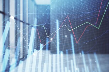 Double exposure of financial chart on empty room interior background. Forex market concept.の写真素材