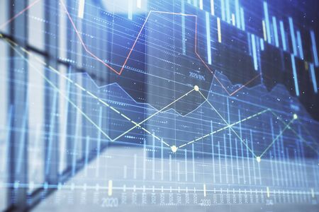 Double exposure of financial chart on empty room interior background. Forex market concept.の写真素材