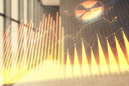 Double exposure of financial graph on empty room interior background. Forex market concept.の写真素材