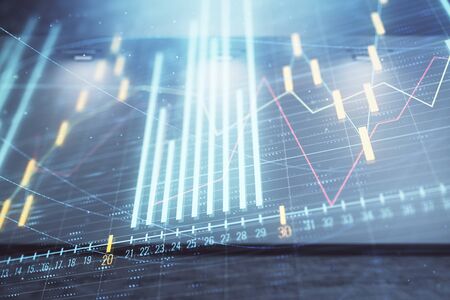 Double exposure of financial graph on empty room interior background. Forex market concept.の写真素材