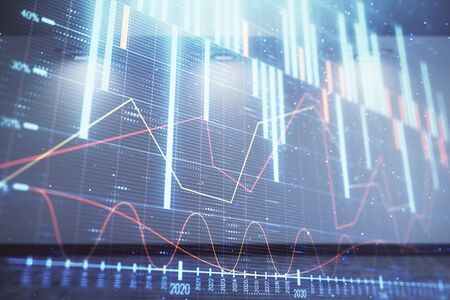 Double exposure of financial graph on empty room interior background. Forex market concept.の写真素材