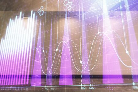 Double exposure of financial graph on empty room interior background. Forex market concept.の写真素材