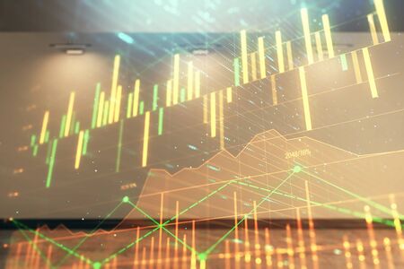 Double exposure of financial graph on empty room interior background. Forex market concept.の写真素材