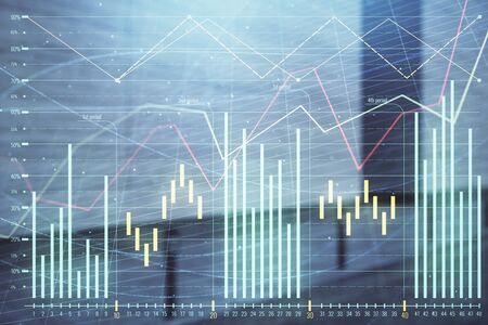 Double exposure of stock market graph on empty exterior background. Concept of analysisの写真素材