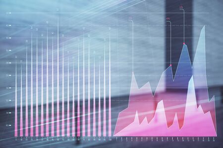Double exposure of stock market graph on empty exterior background. Concept of analysisの写真素材