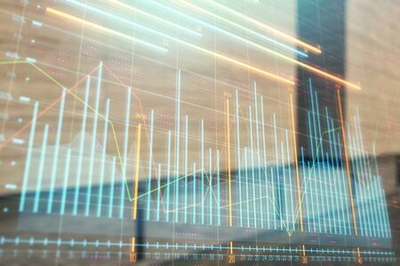 Double exposure of stock market graph on empty exterior background. Concept of analysisの写真素材