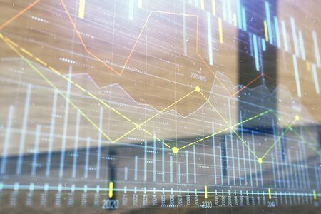 Double exposure of stock market graph on empty exterior background. Concept of analysisの写真素材