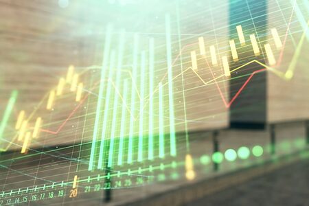Double exposure of stock market graph on empty exterior background. Concept of analysisの写真素材
