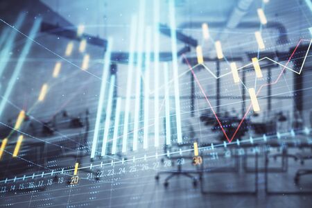Stock and bond market graph with trading desk bank office interior on background. Multi exposure. Concept of financial analysisの写真素材