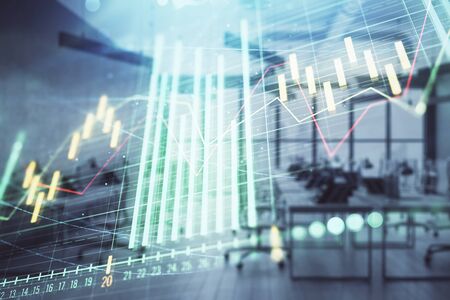 Stock and bond market graph with trading desk bank office interior on background. Multi exposure. Concept of financial analysisの写真素材