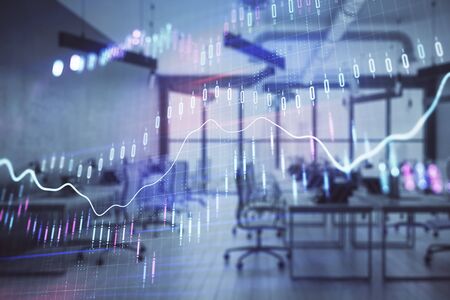 Stock and bond market graph with trading desk bank office interior on background. Multi exposure. Concept of financial analysisの写真素材