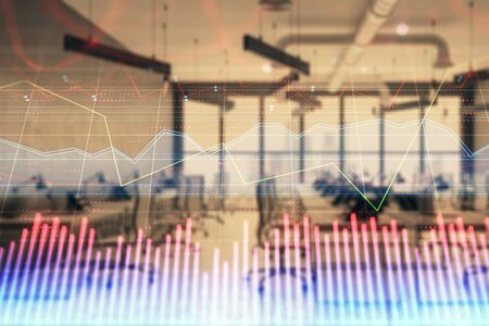 Stock and bond market graph with trading desk bank office interior on background. Multi exposure. Concept of financial analysisの写真素材