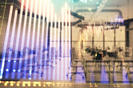 Stock and bond market graph with trading desk bank office interior on background. Multi exposure. Concept of financial analysisの写真素材