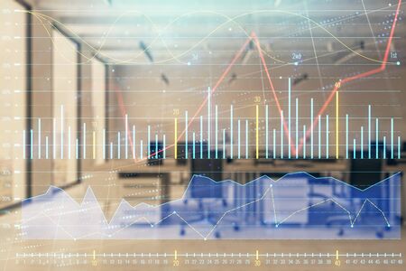Stock and bond market graph with trading desk bank office interior on background. Multi exposure. Concept of financial analysisの写真素材