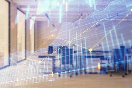 Stock and bond market graph with trading desk bank office interior on background. Multi exposure. Concept of financial analysisの写真素材