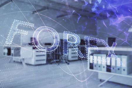 Stock market chart with trading desk bank office interior on background. Double exposure. Concept of financial analysisの写真素材