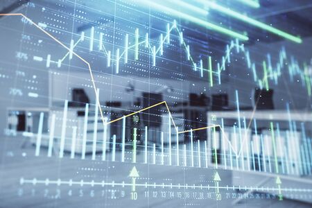 Stock market chart with trading desk bank office interior on background. Double exposure. Concept of financial analysisの写真素材