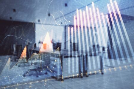 Stock market chart with trading desk bank office interior on background. Double exposure. Concept of financial analysisの写真素材