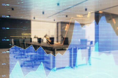 Stock market chart with trading desk bank office interior on background. Double exposure. Concept of financial analysisの写真素材
