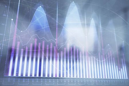 Stock market chart with trading desk bank office interior on background. Double exposure. Concept of financial analysisの写真素材