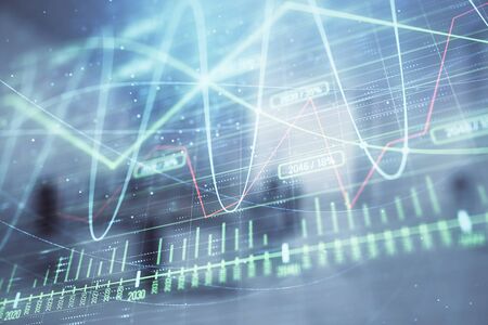 Stock market chart with trading desk bank office interior on background. Double exposure. Concept of financial analysisの写真素材