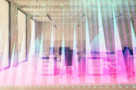 Stock and bond market graph with trading desk bank office interior on background. Multi exposure. Concept of financial analysisの写真素材