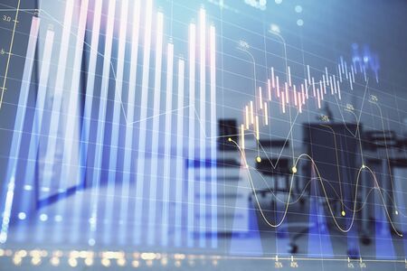 Stock market chart with trading desk bank office interior on background. Double exposure. Concept of financial analysisの写真素材