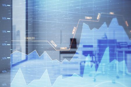 Stock market chart with trading desk bank office interior on background. Double exposure. Concept of financial analysisの写真素材