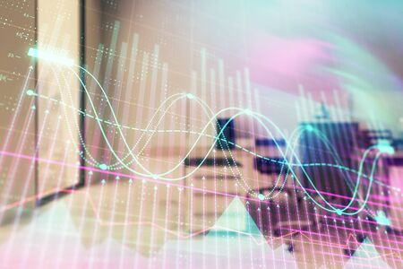 Stock market chart with trading desk bank office interior on background. Double exposure. Concept of financial analysisの写真素材