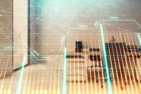 Stock market chart with trading desk bank office interior on background. Double exposure. Concept of financial analysisの写真素材