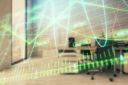 Stock market chart with trading desk bank office interior on background. Double exposure. Concept of financial analysisの写真素材