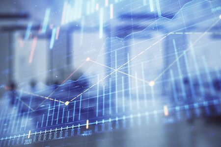 Stock market chart with trading desk bank office interior on background. Double exposure. Concept of financial analysisの写真素材