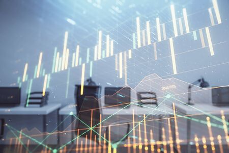 Stock and bond market graph with trading desk bank office interior on background. Multi exposure. Concept of financial analysisの写真素材
