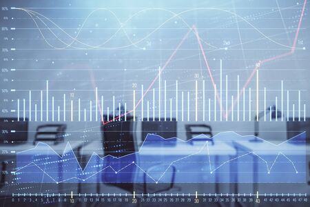 Stock and bond market graph with trading desk bank office interior on background. Multi exposure. Concept of financial analysisの写真素材