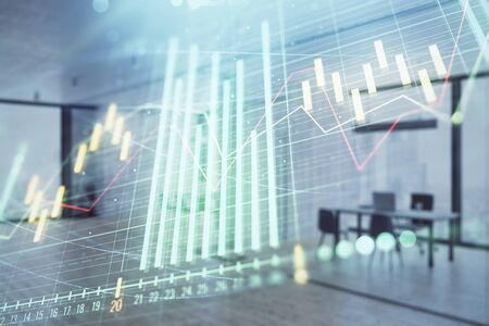 Stock and bond market graph with trading desk bank office interior on background. Multi exposure. Concept of financial analysisの写真素材