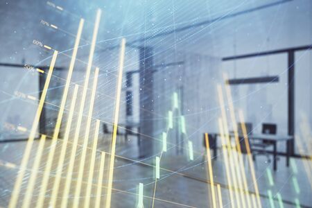 Stock and bond market graph with trading desk bank office interior on background. Multi exposure. Concept of financial analysisの写真素材