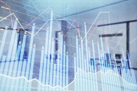 Stock and bond market graph with trading desk bank office interior on background. Multi exposure. Concept of financial analysisの写真素材