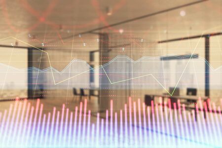 Stock and bond market graph with trading desk bank office interior on background. Multi exposure. Concept of financial analysisの写真素材