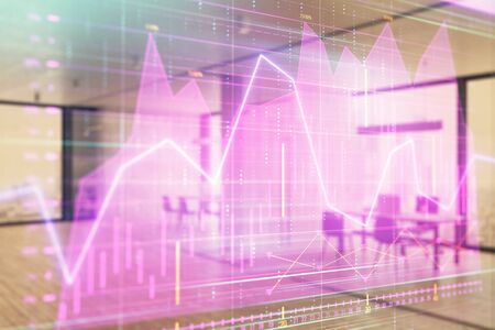 Stock and bond market graph with trading desk bank office interior on background. Multi exposure. Concept of financial analysisの写真素材