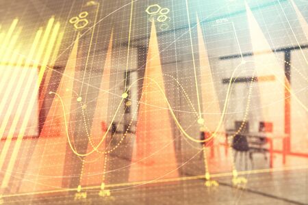 Stock and bond market graph with trading desk bank office interior on background. Multi exposure. Concept of financial analysisの写真素材