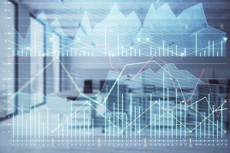 Stock and bond market graph with trading desk bank office interior on background. Multi exposure. Concept of financial analysisの写真素材