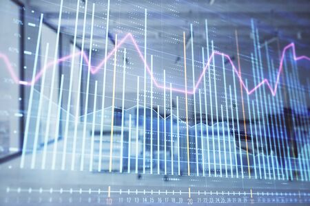 Stock and bond market graph with trading desk bank office interior on background. Multi exposure. Concept of financial analysisの写真素材