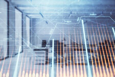 Stock and bond market graph with trading desk bank office interior on background. Multi exposure. Concept of financial analysisの写真素材